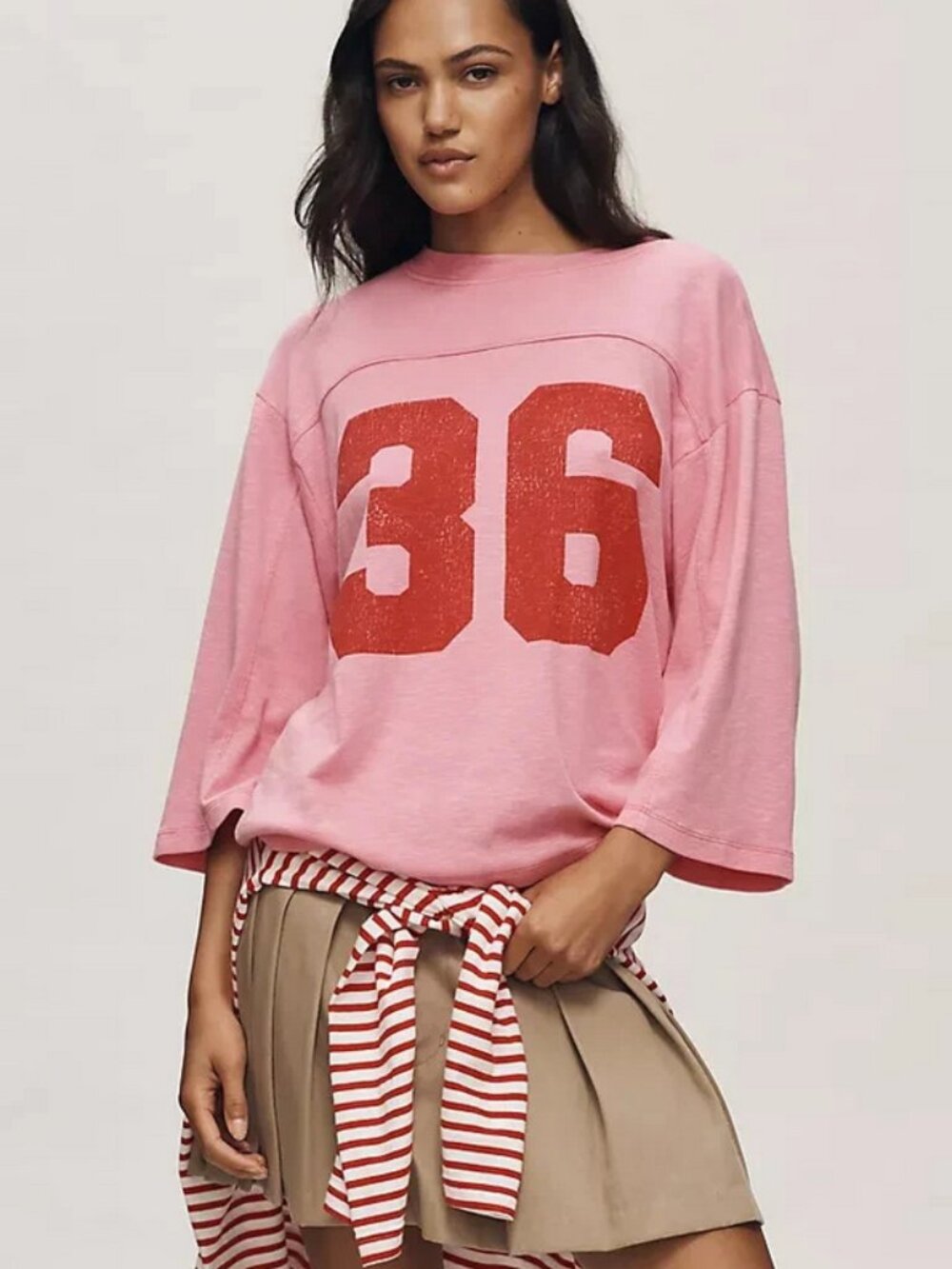 Pilcro 3/4 Sleeve Varsity Tee Anthropologie 36 Pink Pullover Blouse Top XS